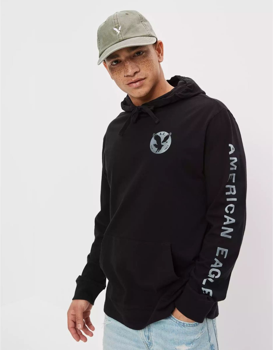 Sweat à Capuche American Eagle AE Super Soft Logo Graphique Noir Homme | ULD-65291340